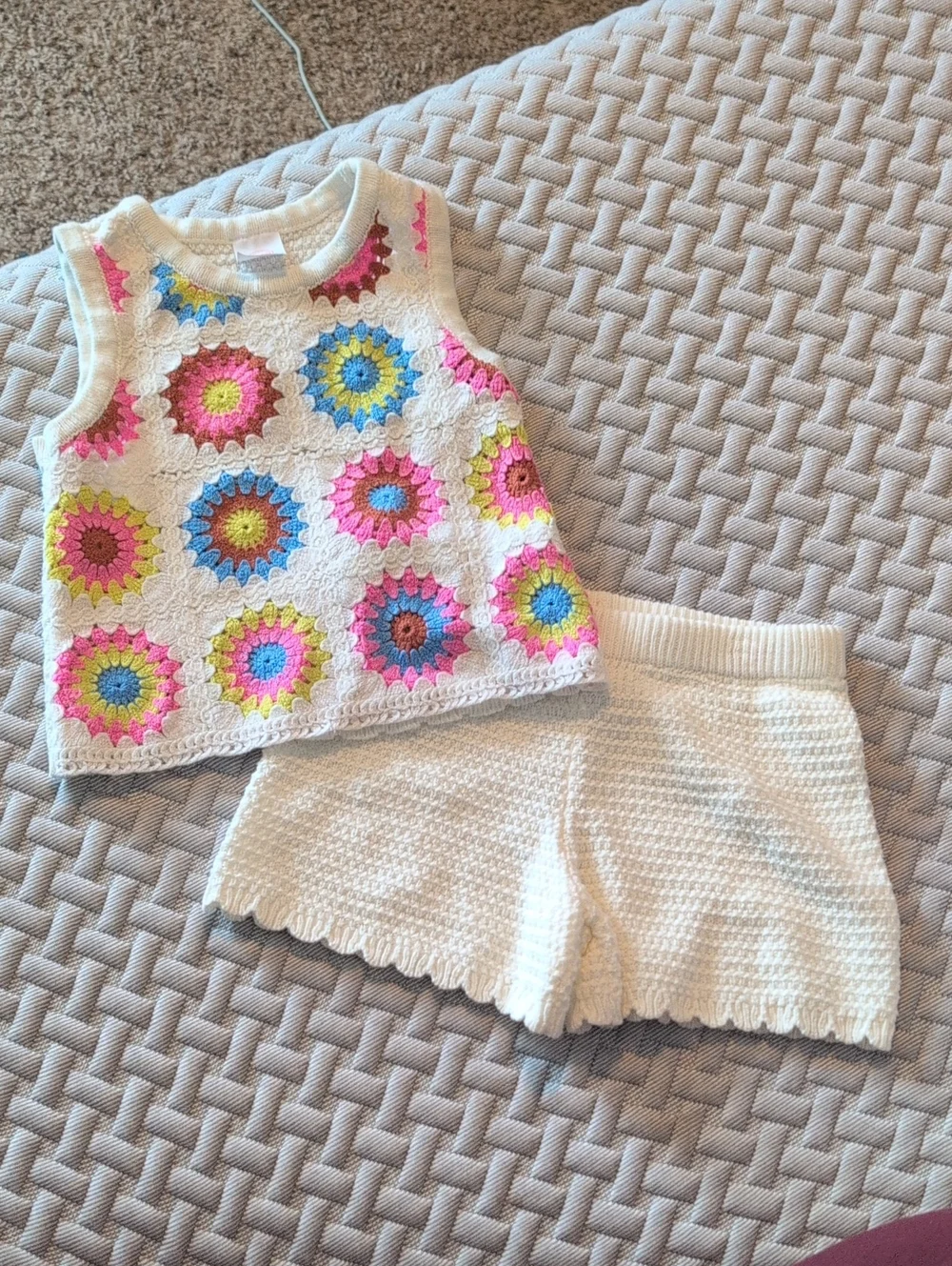 Girls Cream Crochet Tank Top & Shorts Set with Multicolor Sunburst Accents